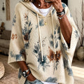 Women's Hooded Floral Cape Sweater with Drawstring - Apricot