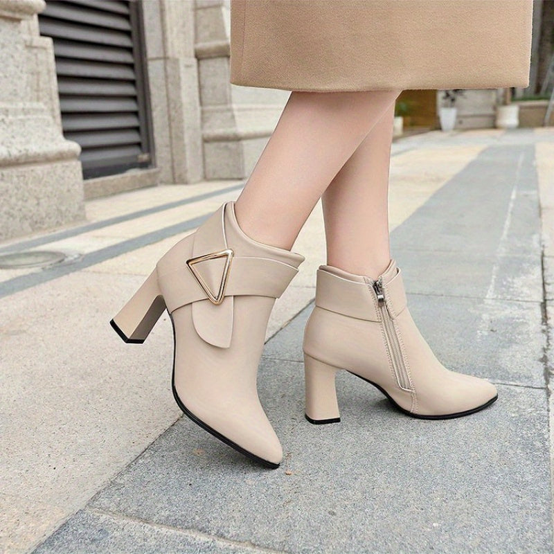 Women's Pointed-Toe Ankle Boots with Buckle Accent - Beige