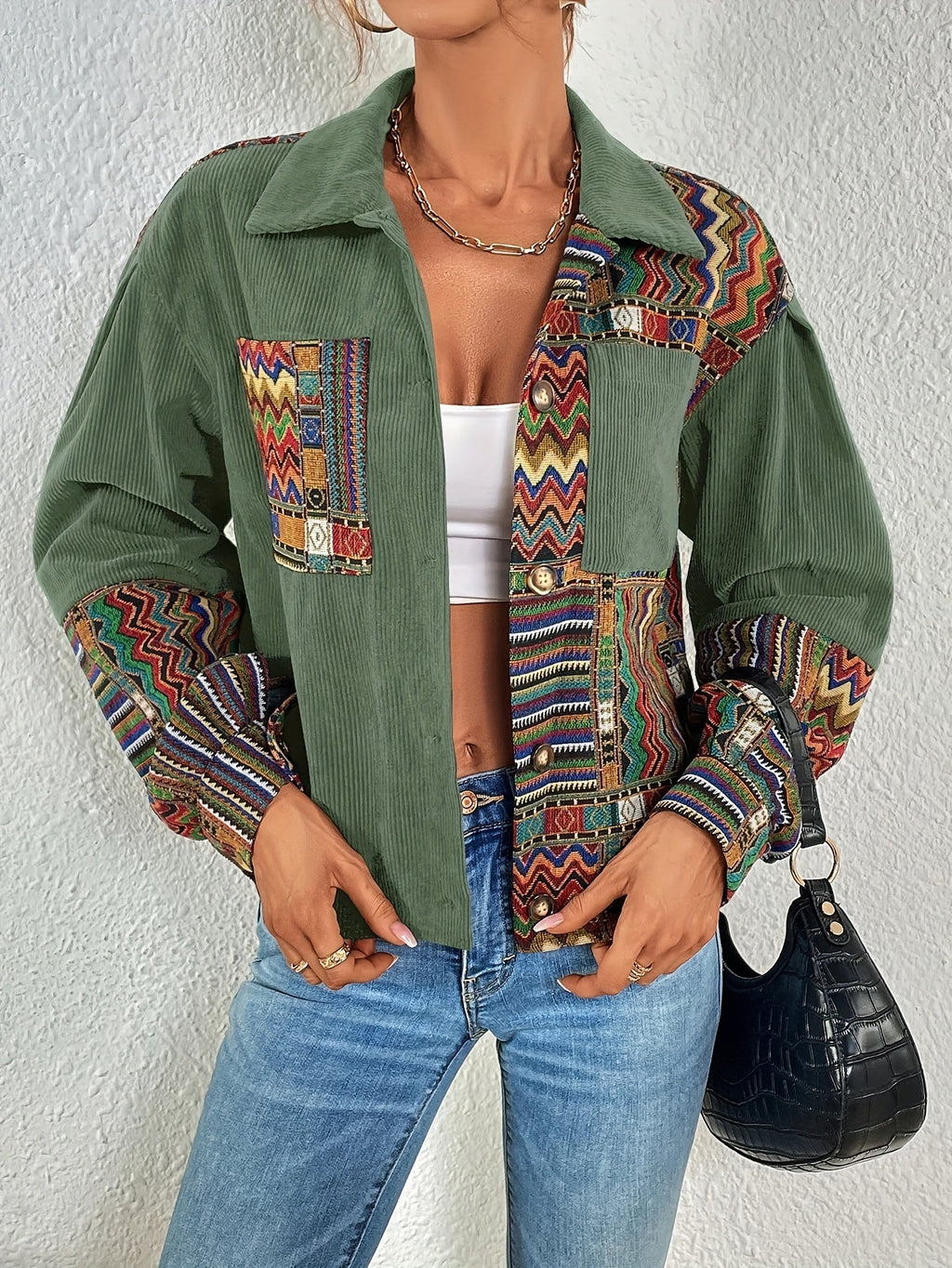 Women's Relaxed Fit Patchwork Button-Front Jacket