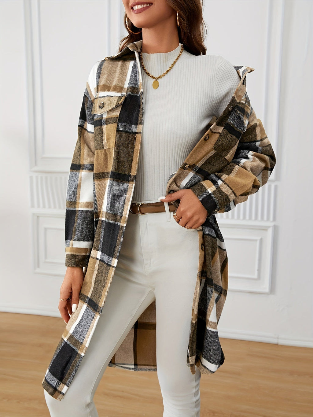 Women's Longline Plaid Button-Front Coat with Chest Pockets