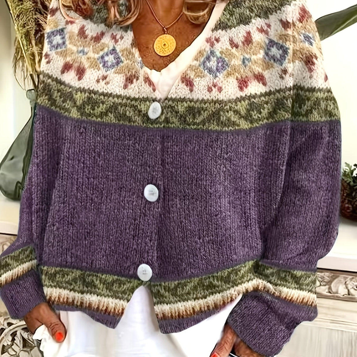 Women's Geometric Yoke Button-Front Cardigan - Deep Purple