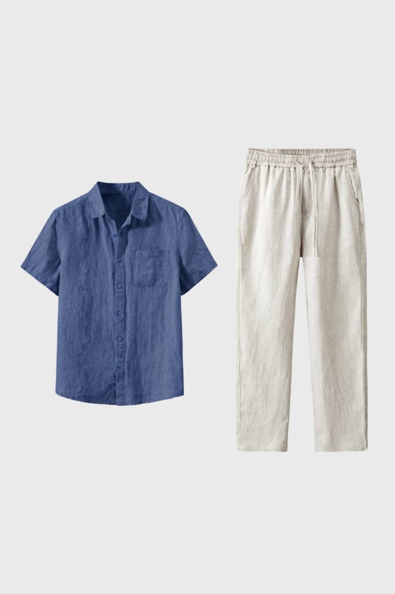 Men's Linen Short Sleeve Shirt and Trousers Set