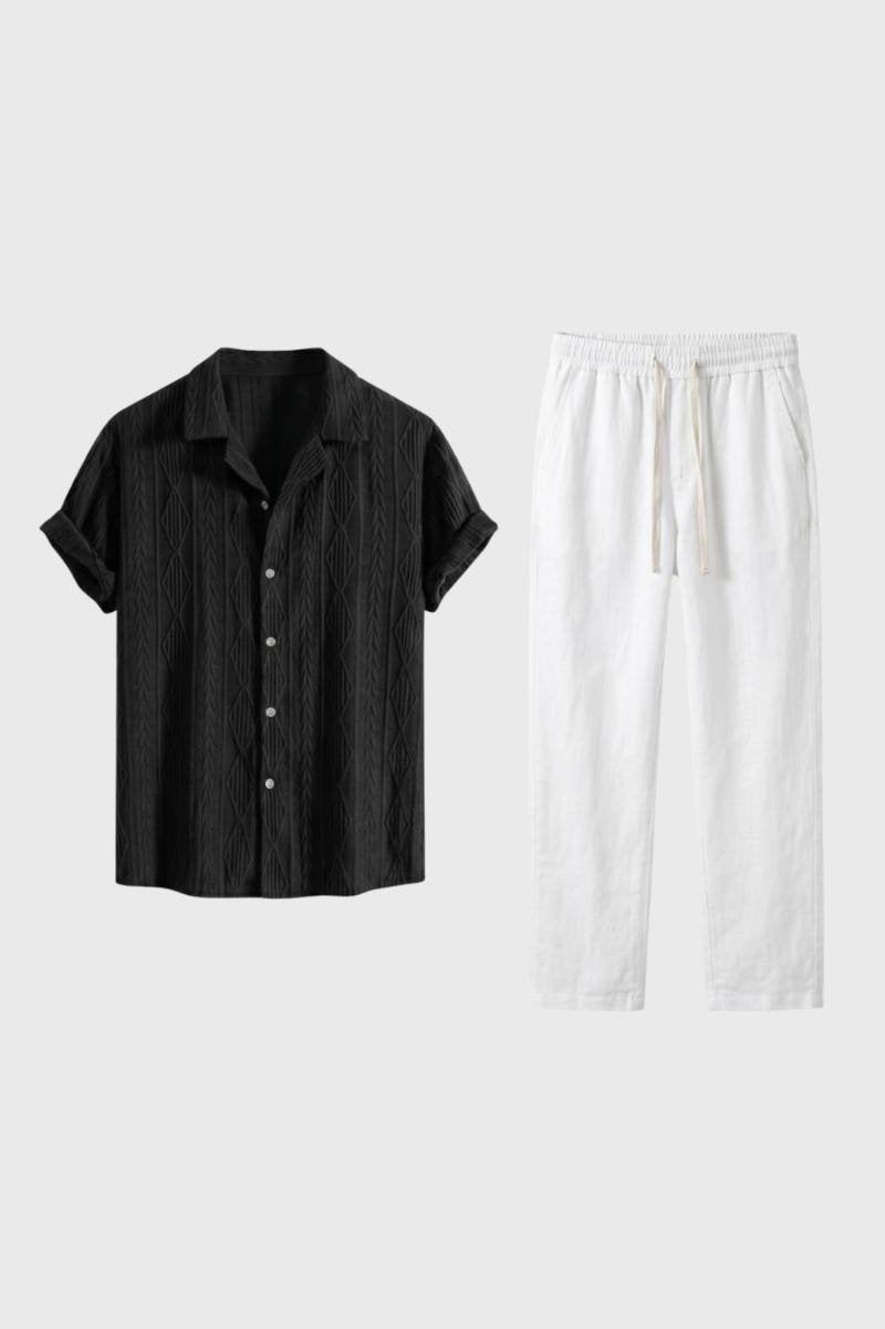 Men's Textured Shirt and Wide-Leg Drawcord Pants Set - Black/White