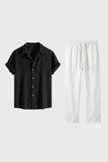 Men's Textured Shirt and Wide-Leg Drawcord Pants Set - Black/White