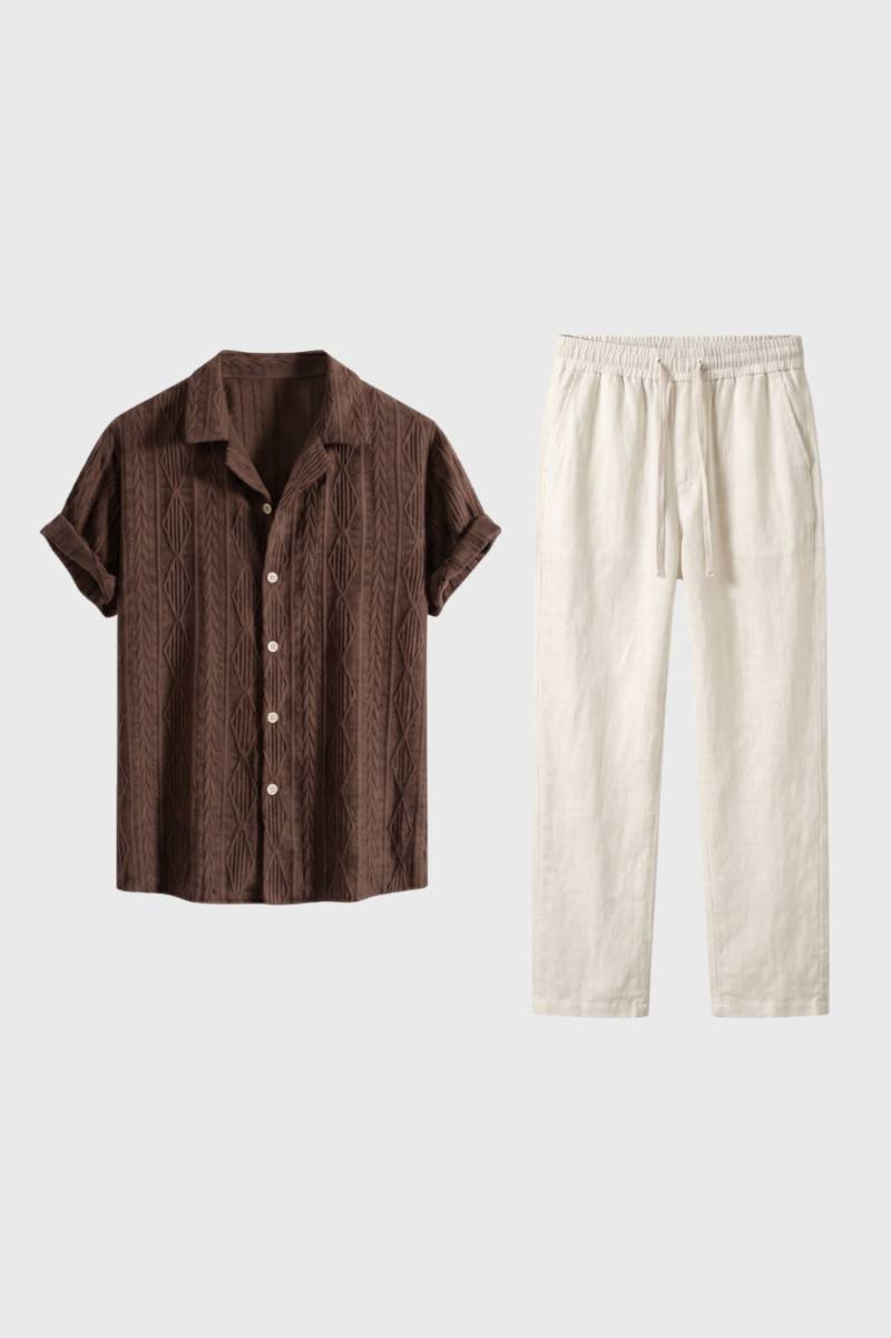 Men's Textured Shirt and Wide-Leg Drawcord Pants Set - Brown/Beige