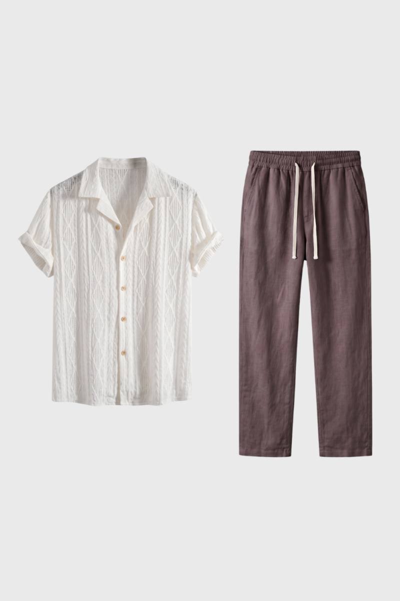 Men's Textured Shirt and Wide-Leg Drawcord Pants Set - White/Brown