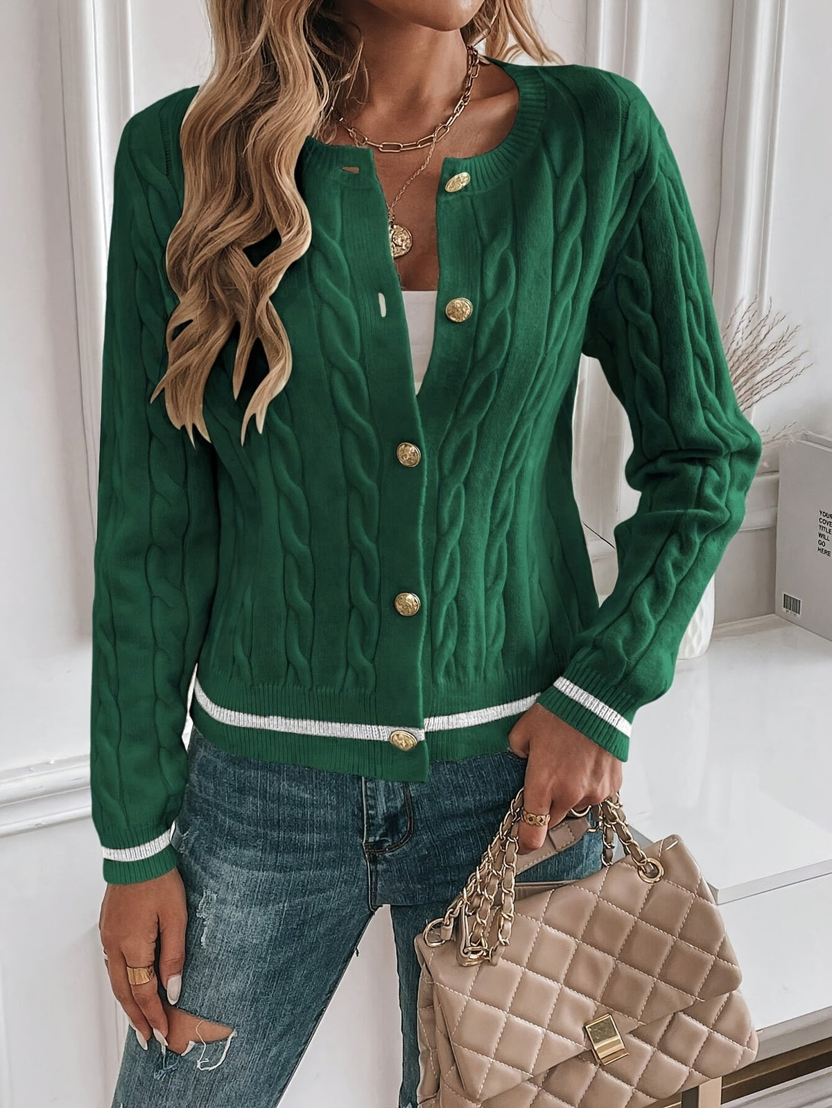 Women's Cable-Knit Cardigan with Gold-Tone Buttons