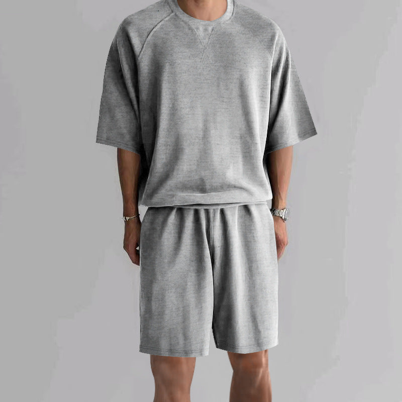 Men's Terry Drawstring Shorts and T-Shirt Set - Light Gray