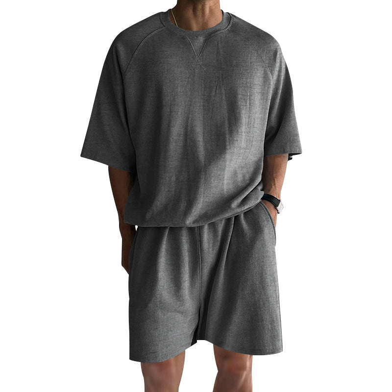 Men's Terry Drawstring Shorts and T-Shirt Set - Dark Gray