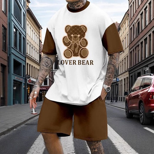Men's Printed Oversized T-Shirt and Relaxed Shorts Set - White/Dark Brown