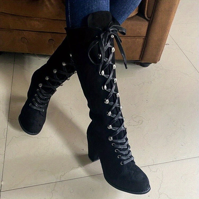 Women's Lace-Up Front Chunky Heel Tall Boots