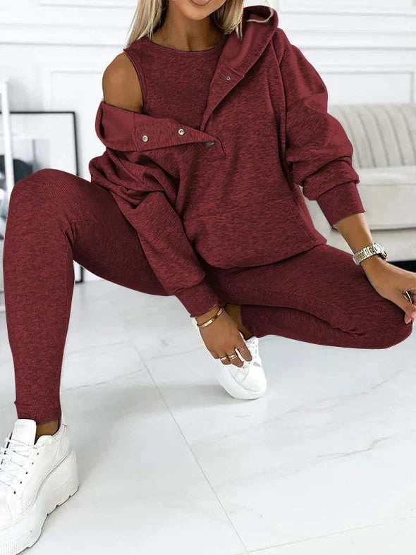 Women's Longline Hooded Sweatshirt and Leggings Set - Wine Red