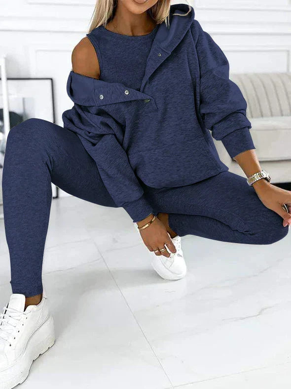 Women's Longline Hooded Sweatshirt and Leggings Set - Dark Blue