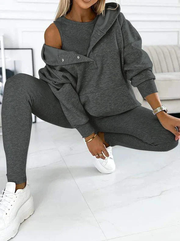 Women's Longline Hooded Sweatshirt and Leggings Set - Dark Gray