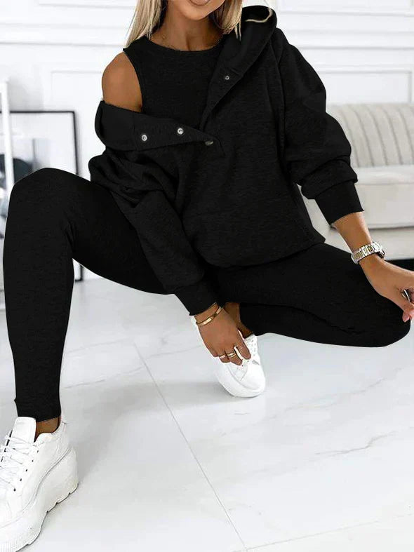 Women's Longline Hooded Sweatshirt and Leggings Set - Black