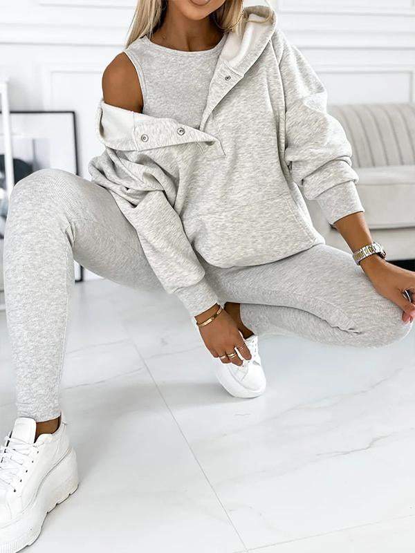 Women's Longline Hooded Sweatshirt and Leggings Set - Light Gray