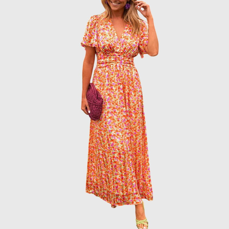 Women's Printed Wrap-Style Maxi Dress Short Sleeve Outfit for Summer Events