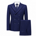 Men's Double Breasted Tweed Three Piece Suit Tailored Weddings - Navy Blue