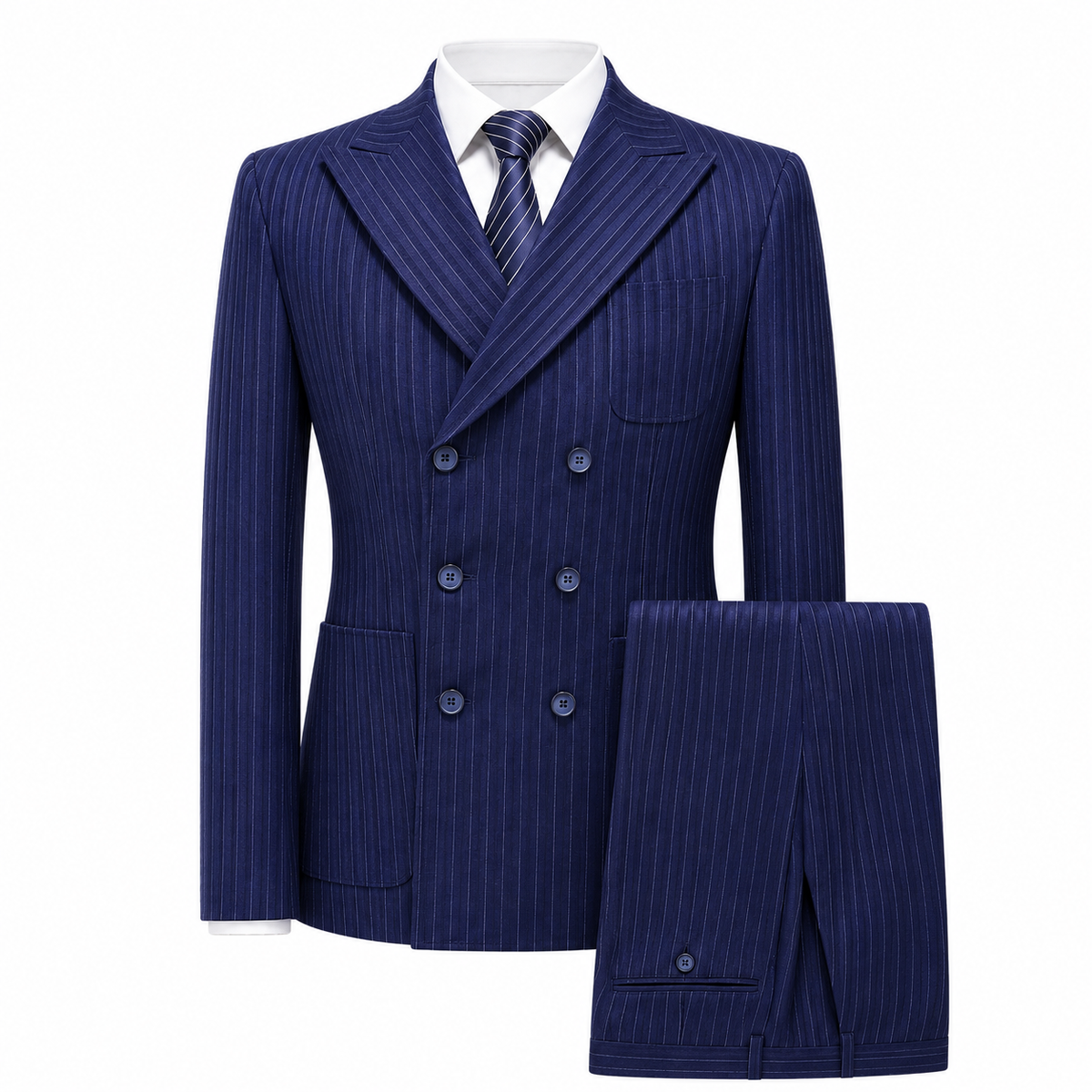 Men's Double Breasted Tweed Three Piece Suit Tailored Weddings - Navy Blue