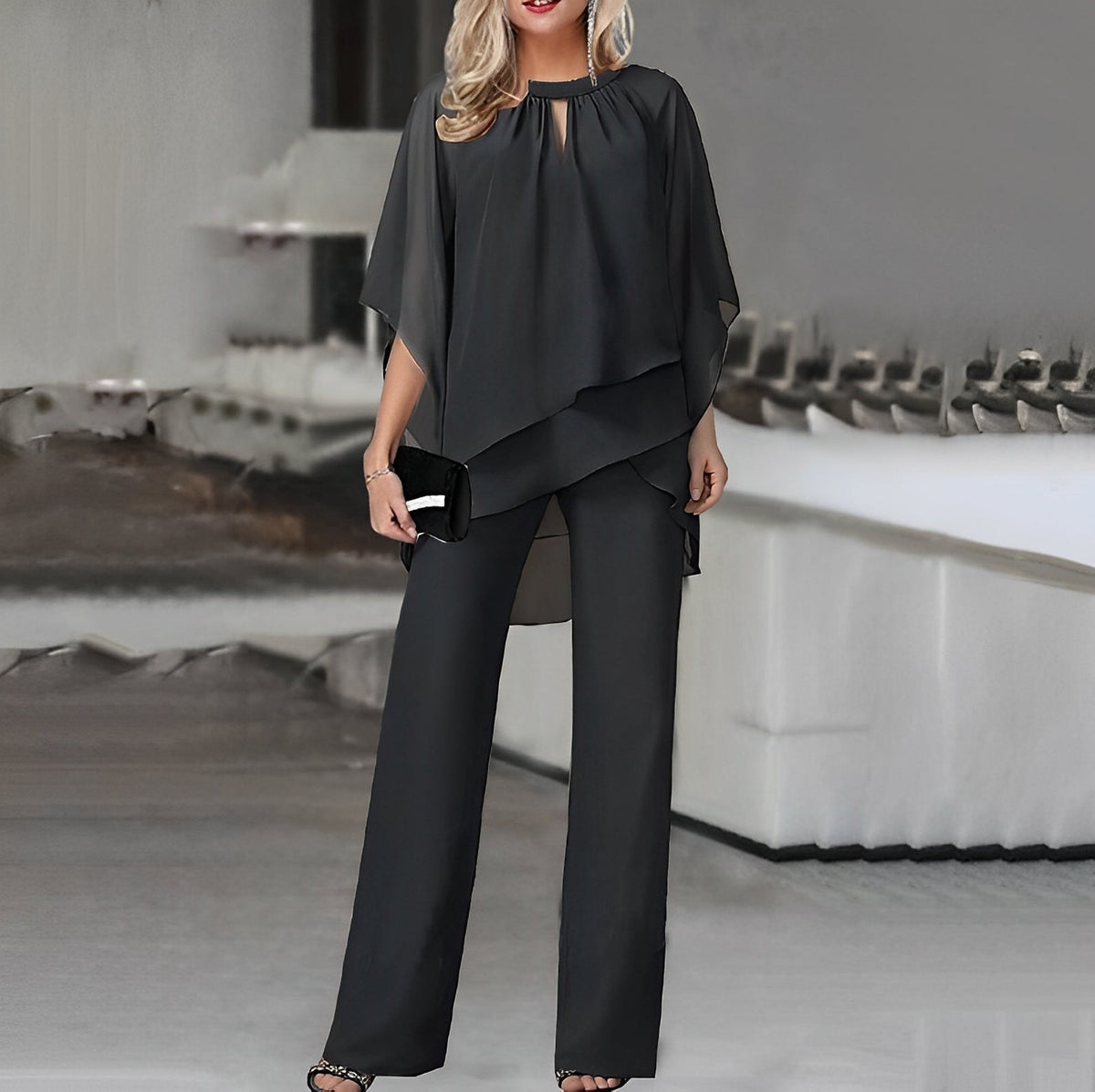 Women's Cape Top Wide Leg Pants Set - Black