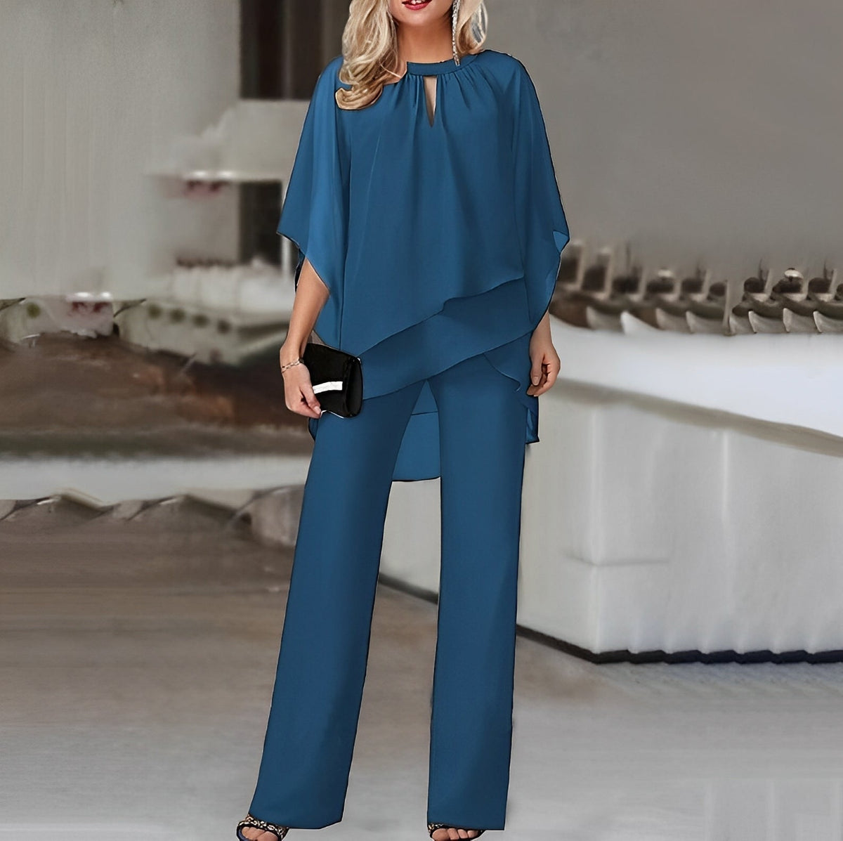 Women's Cape Top Wide Leg Pants Set - Sapphire Blue