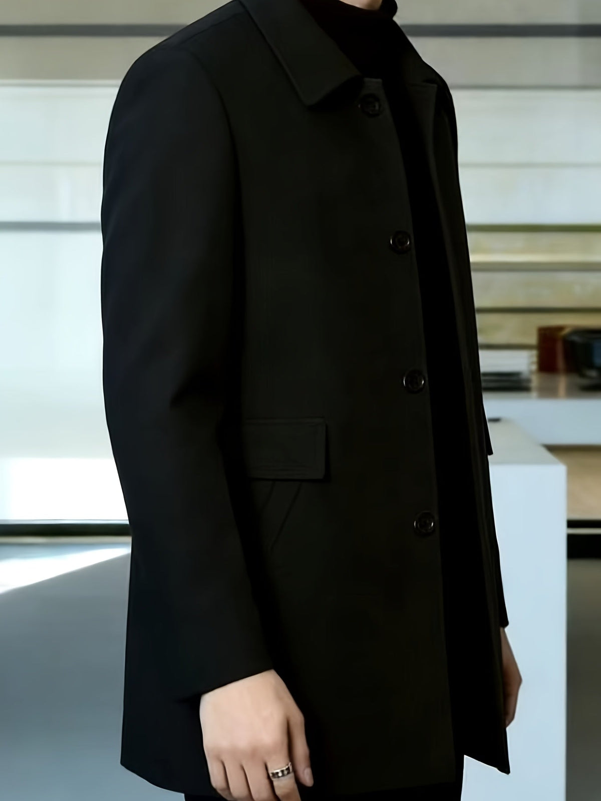 Men's Refined Single-Breasted Overcoat with Side Pockets