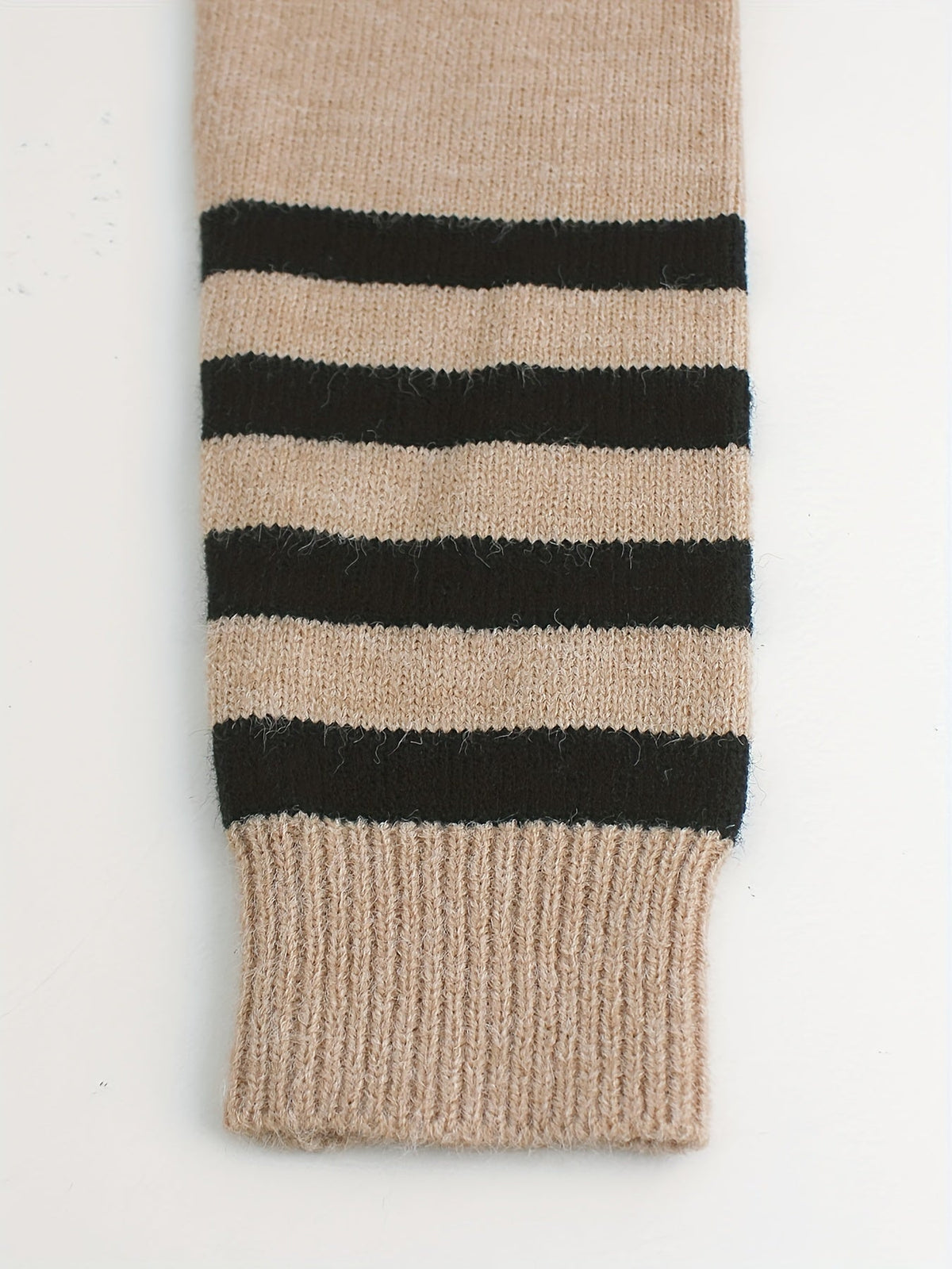Women's Ribbed Round Neck Sweater with Striped Cuffs