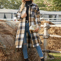 Women's Longline Plaid Button-Front Coat with Chest Pockets - Khaki