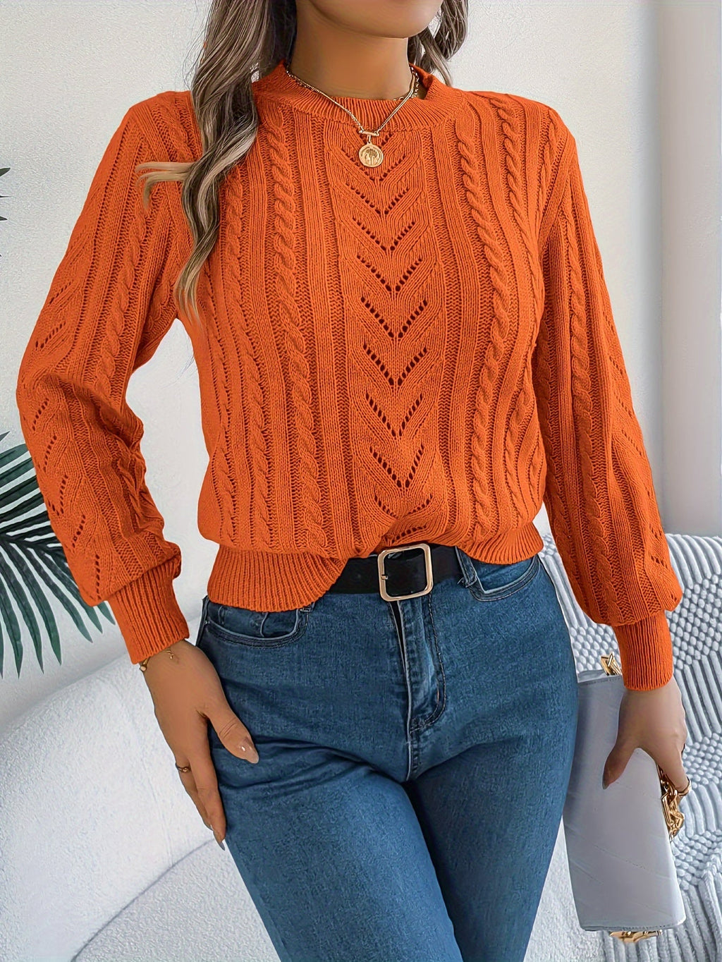 Women's Cable-Knit Openwork Round-Neck Sweater