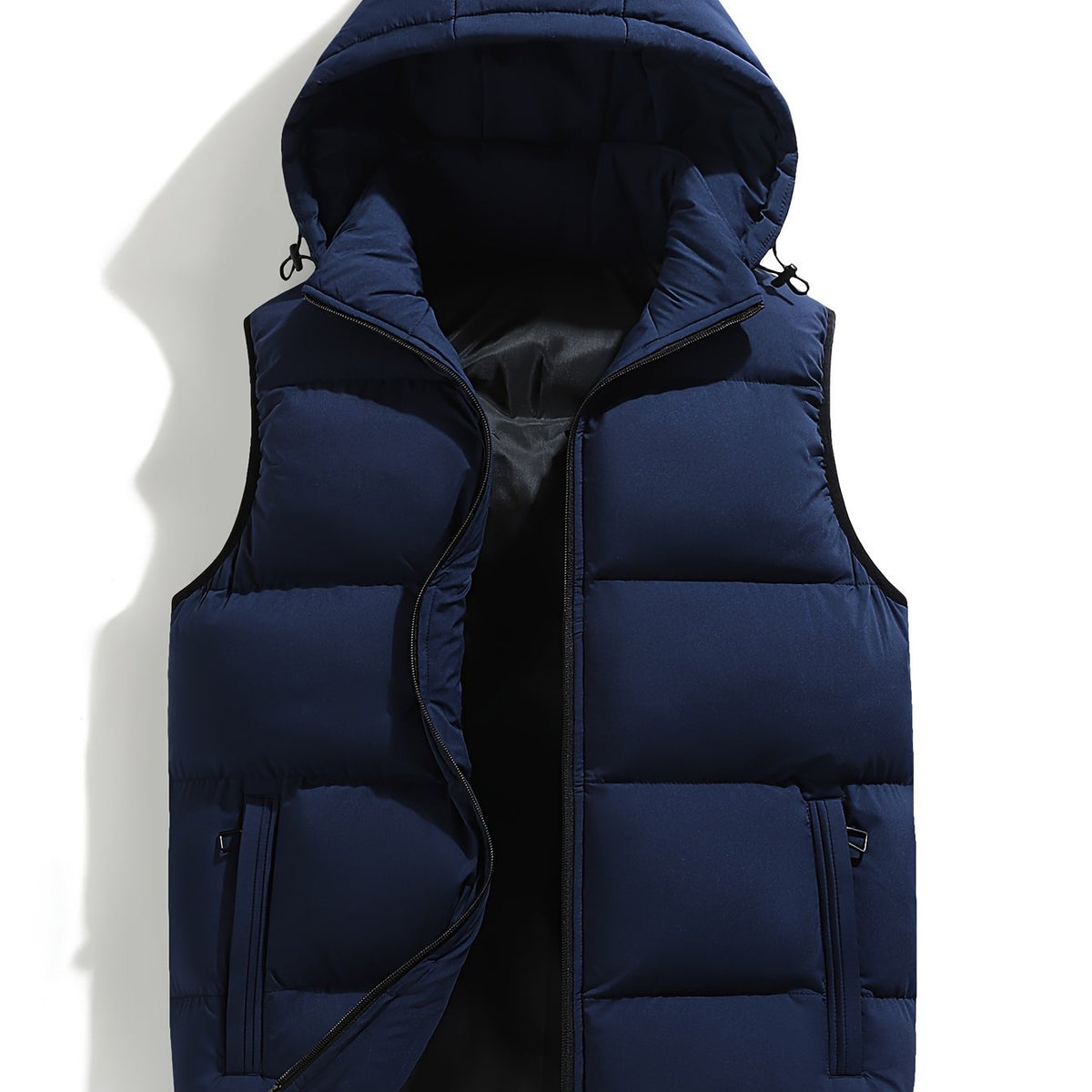 Men's Padded Hooded Vest with Zip Pockets - Dark Blue