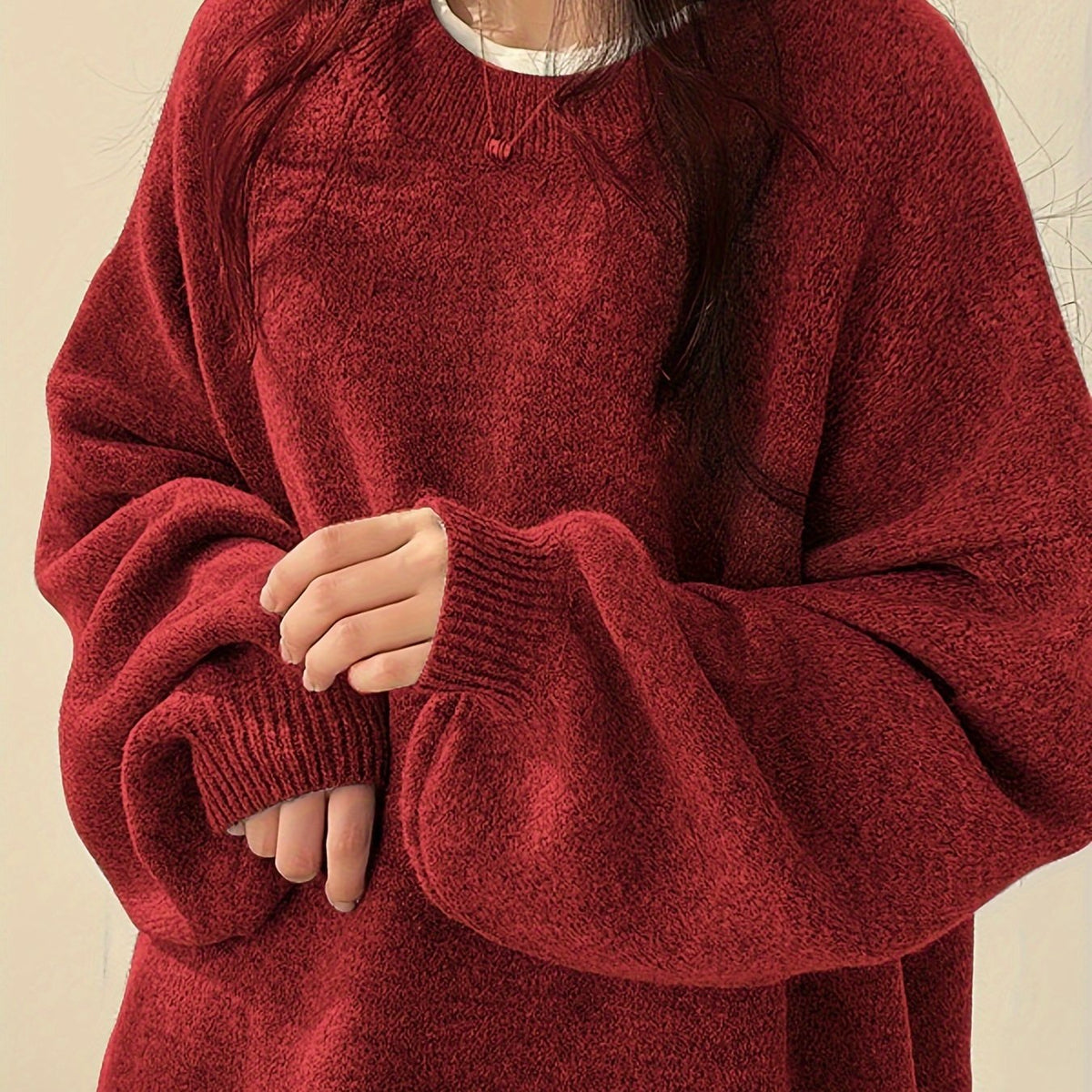 Women's Thick Knit Relaxed Round Neck Drop-Shoulder Pullover - Burgundy