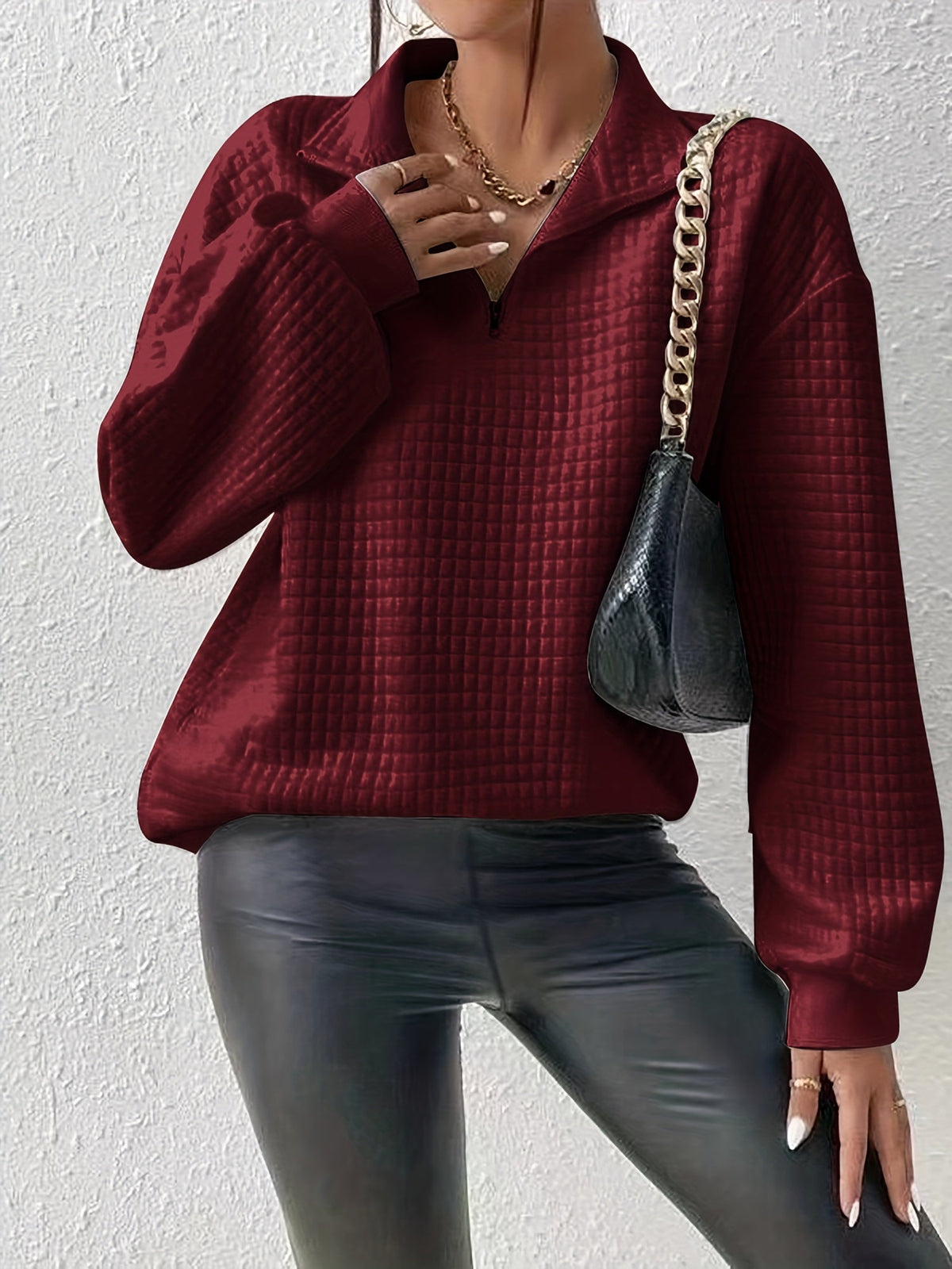 Women's Half-Zip Stand Collar Textured Knit Pullover