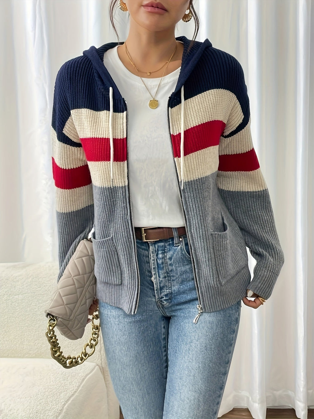 Women's Ribbed Color-Block Hooded Zip Cardigan