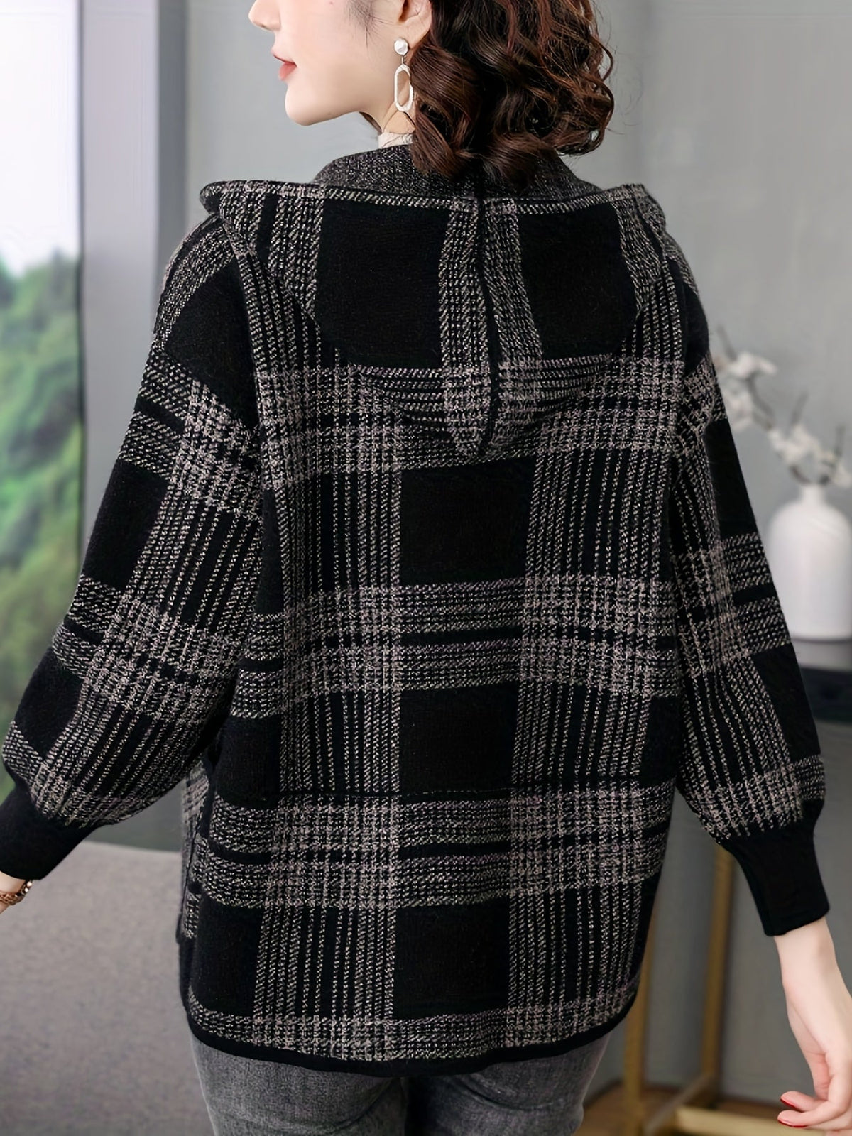 Women's Loose Fit Check Pattern Hooded Zip Jacket
