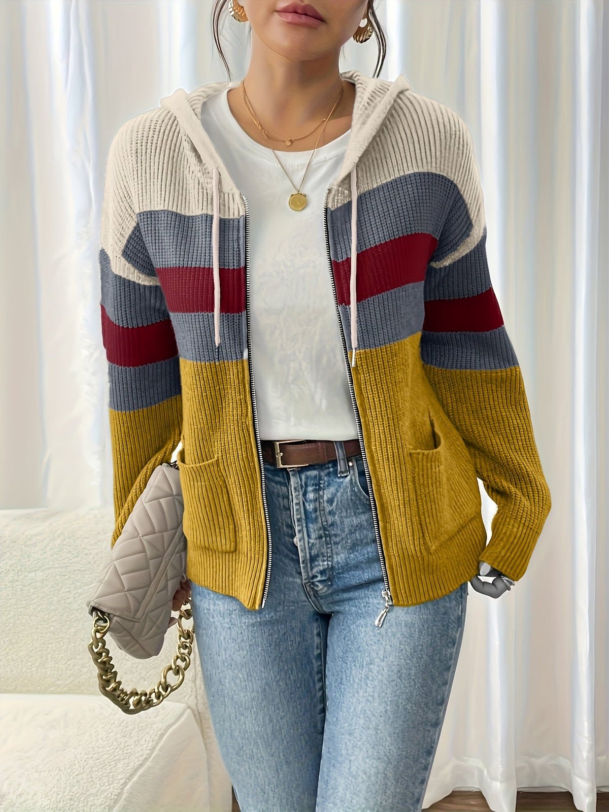 Women's Ribbed Color-Block Hooded Zip Cardigan