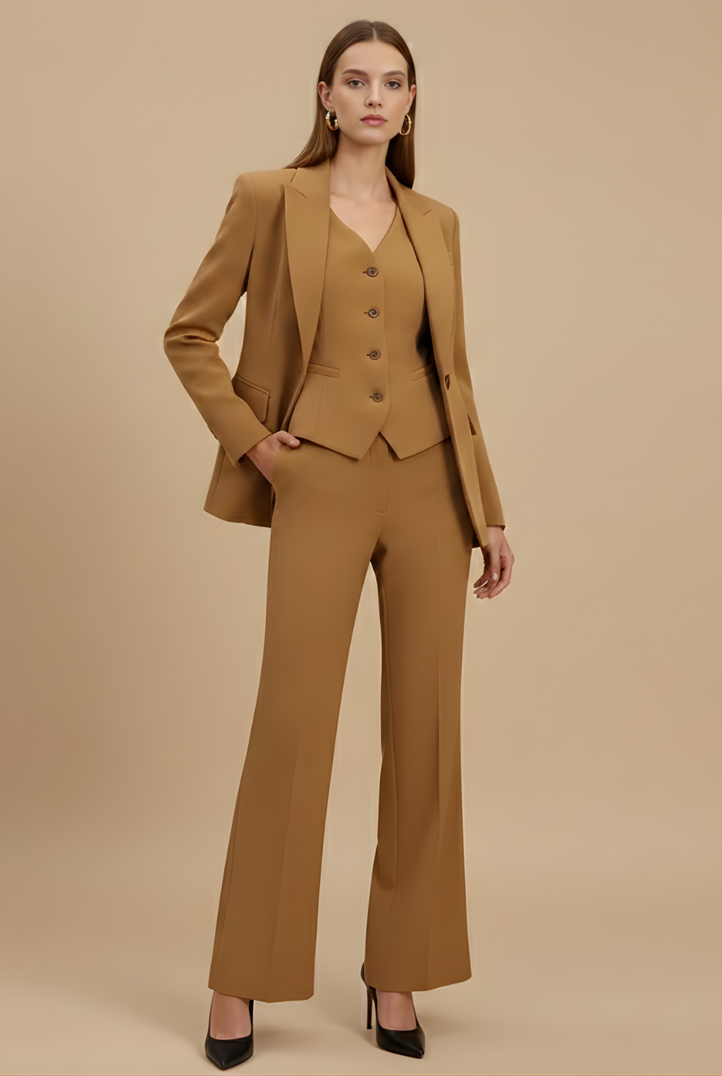 Women's Three-Piece Suit with Fitted Vest and Flared Pants - Brown