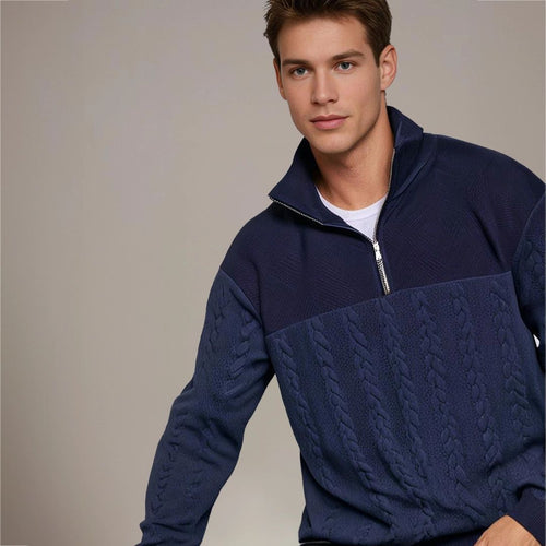 Men's Cable Knit Half Zip Sweater - Dark Blue