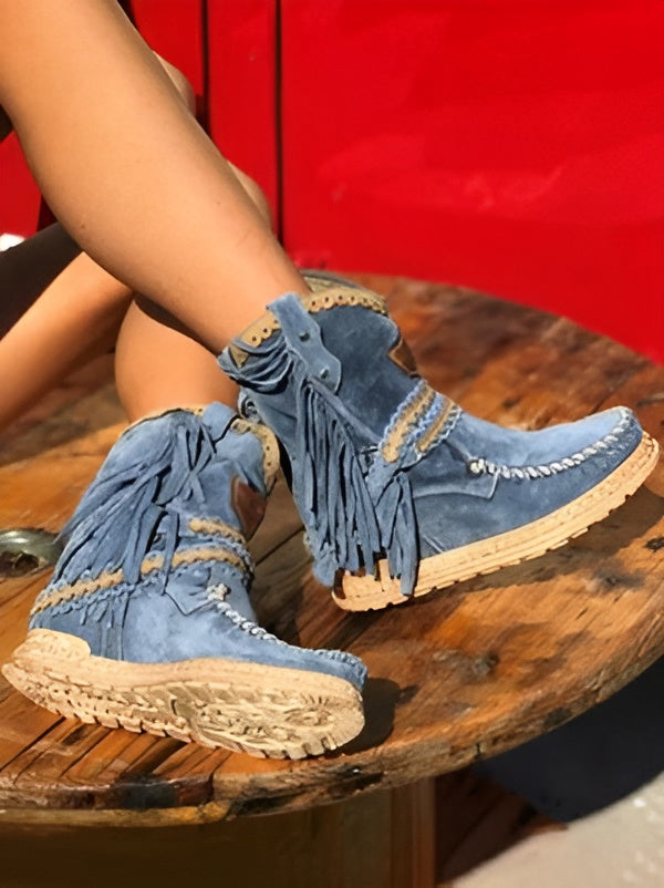 Women's Fringe Ankle Boots with Woven Detail