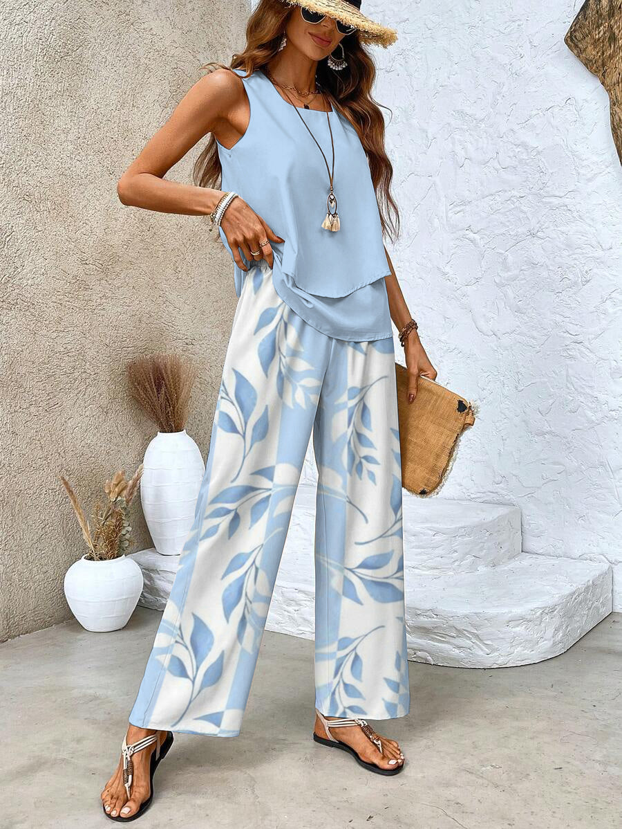 Women’s Leaf Print Wide-Leg Two-Piece Set