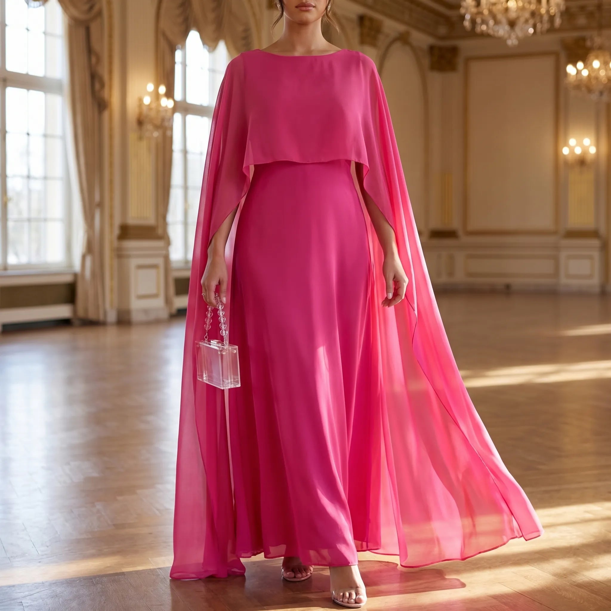 Women's Cape Maxi Dress - Elegant Flowing for Wedding Guest