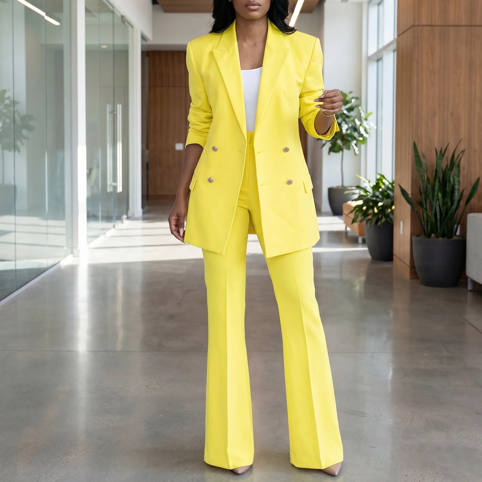 Women's Double Breasted Blazer and Flare Pants 2 Piece Suit Set