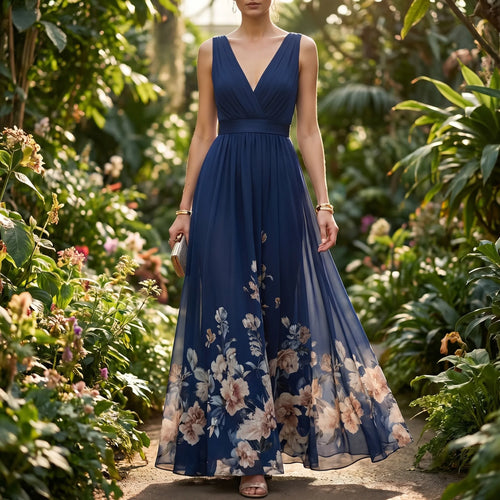 Women's Floral Maxi Dress - V Neck for Summer Wedding