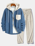 Men's Corduroy Hooded Overshirt and Straight-Leg Pants Set - Blue/Cream
