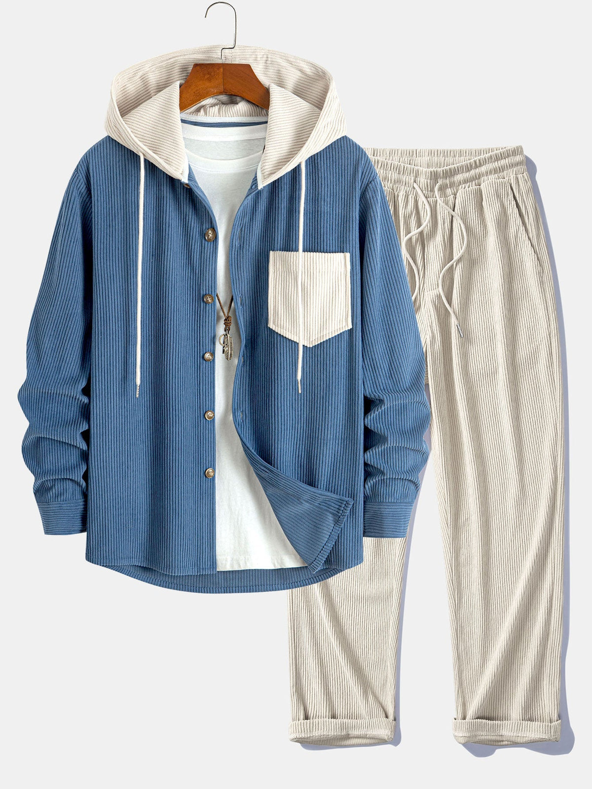 Men's Corduroy Hooded Overshirt and Straight-Leg Pants Set - Blue/Cream