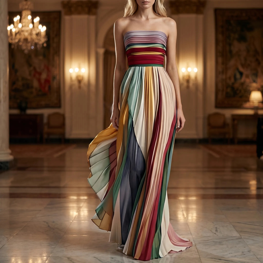 Strapless Pleated Colorblock Maxi Dress