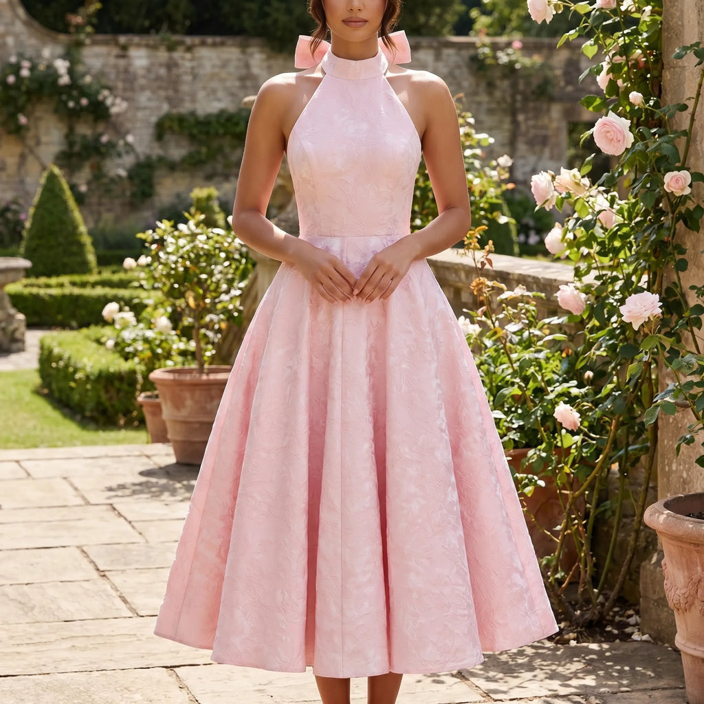 V-Neck Halter Midi Dress with Flared Skirt