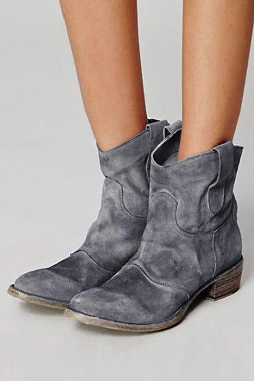Women's Distressed Suede Western Ankle Boots with Low Stacked Heel - Gray