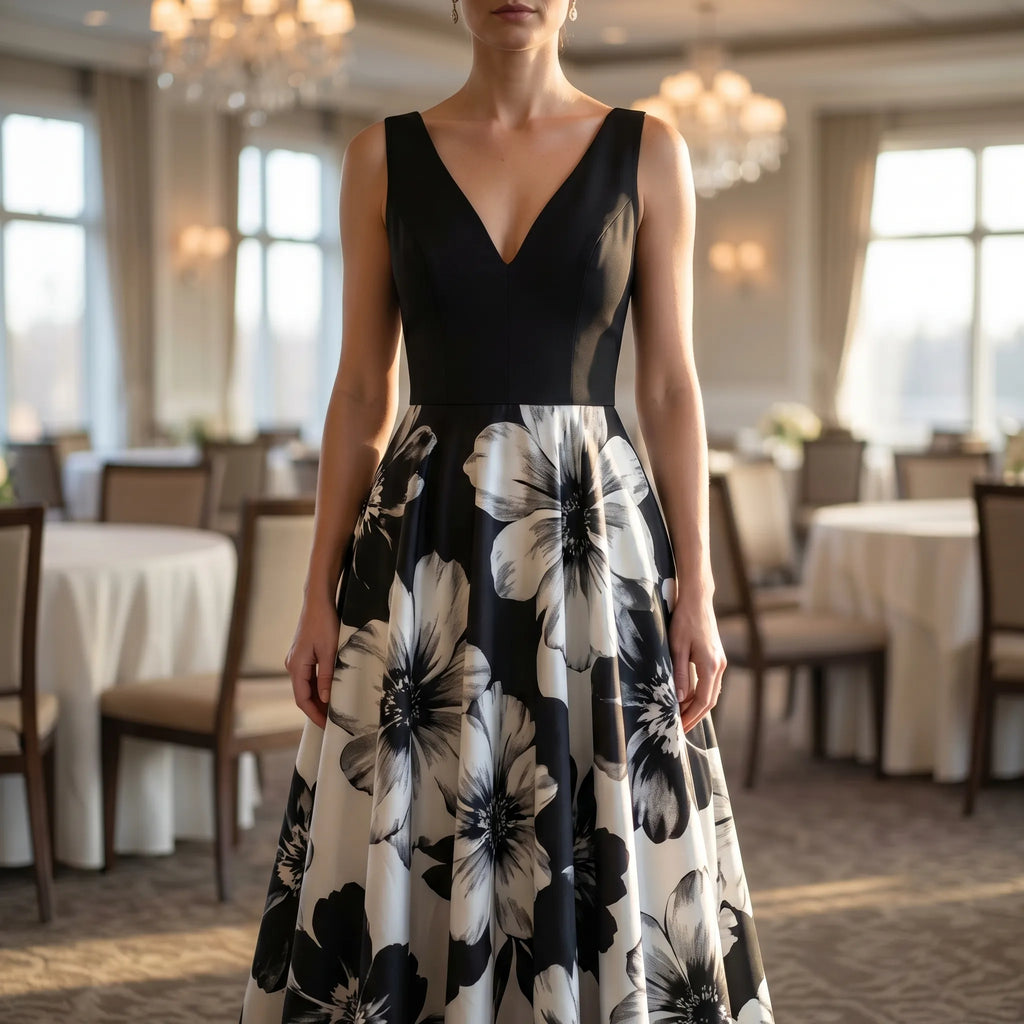 V-Neck Pleated Midi Dress with Contrast Waist
