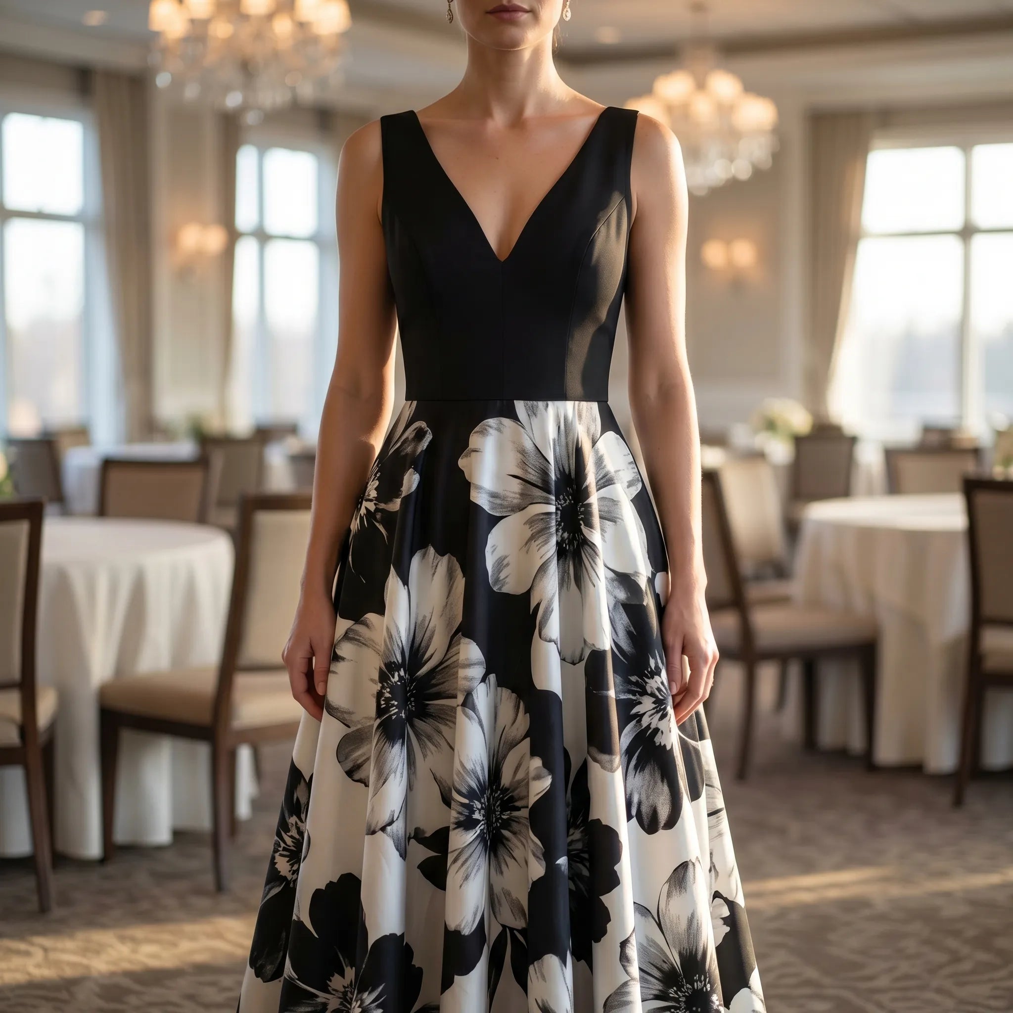 V-Neck Pleated Midi Dress with Contrast Waist