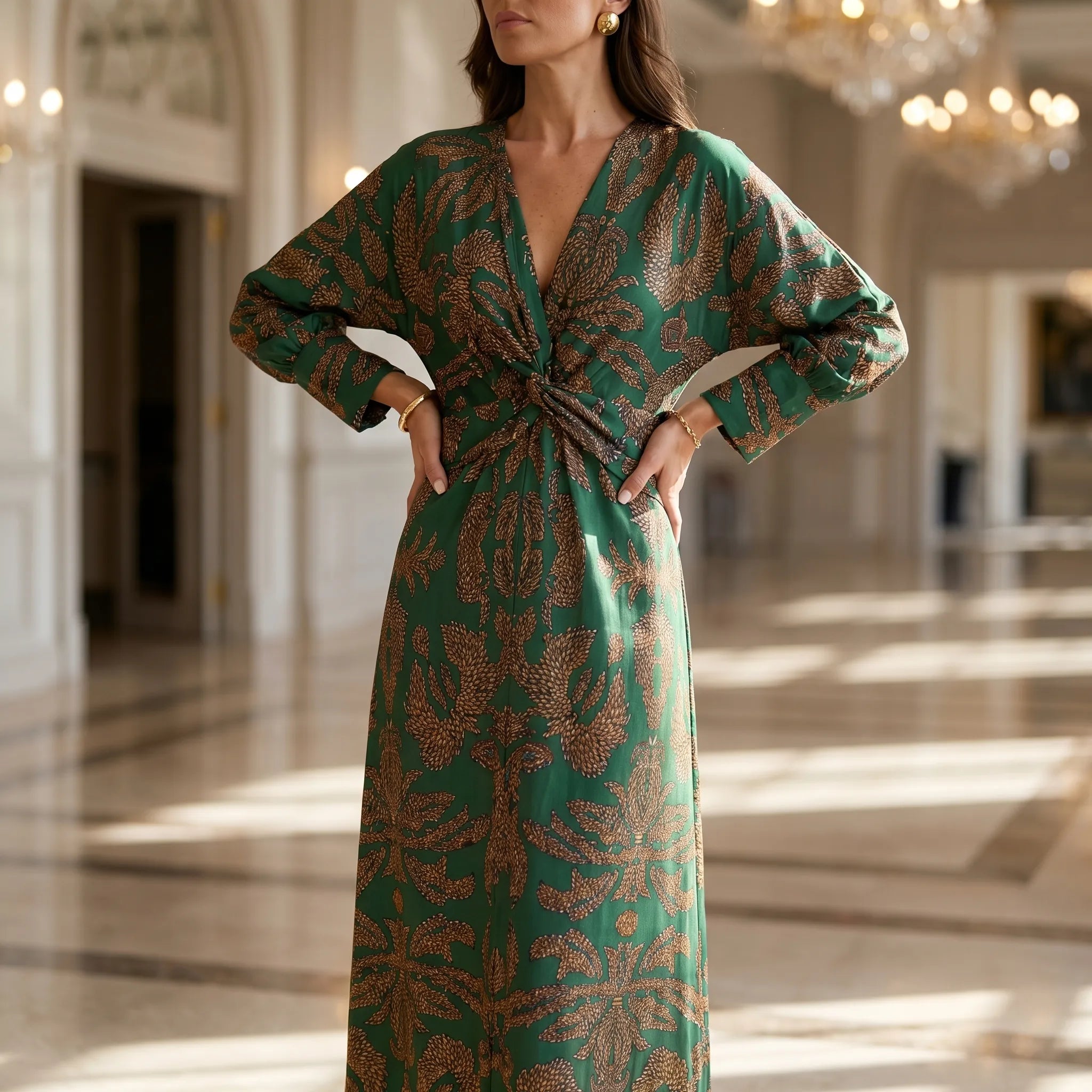 V-Neck Printed Maxi Dress with Twist Waist